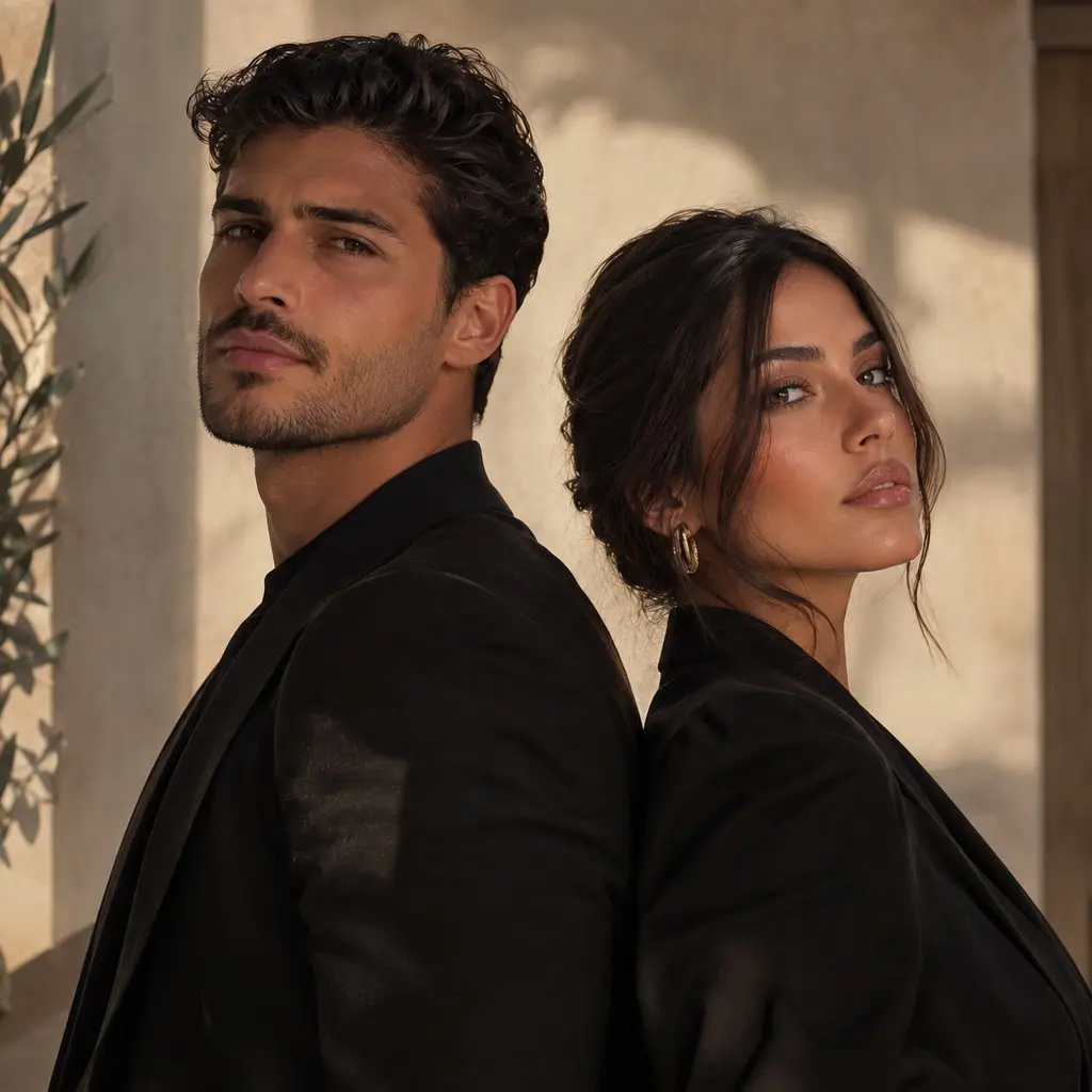 Une femme et un homme vêtus de noir, dos à dos devant un mur beige baigné de soleil