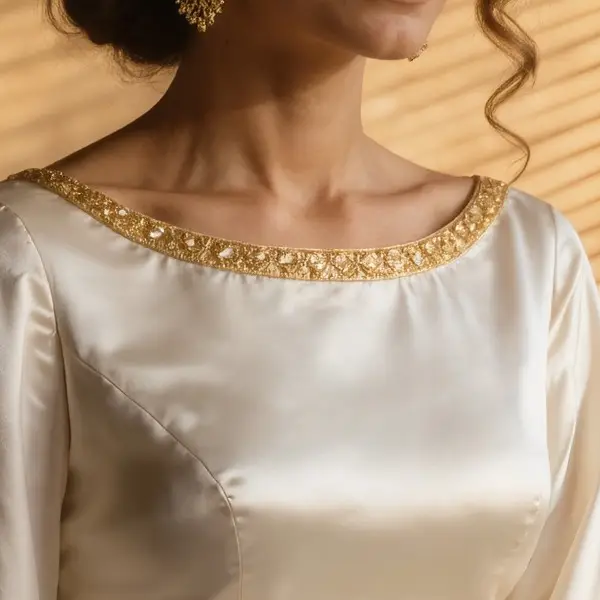 Satin ivoire bordé d’une broderie dorée
