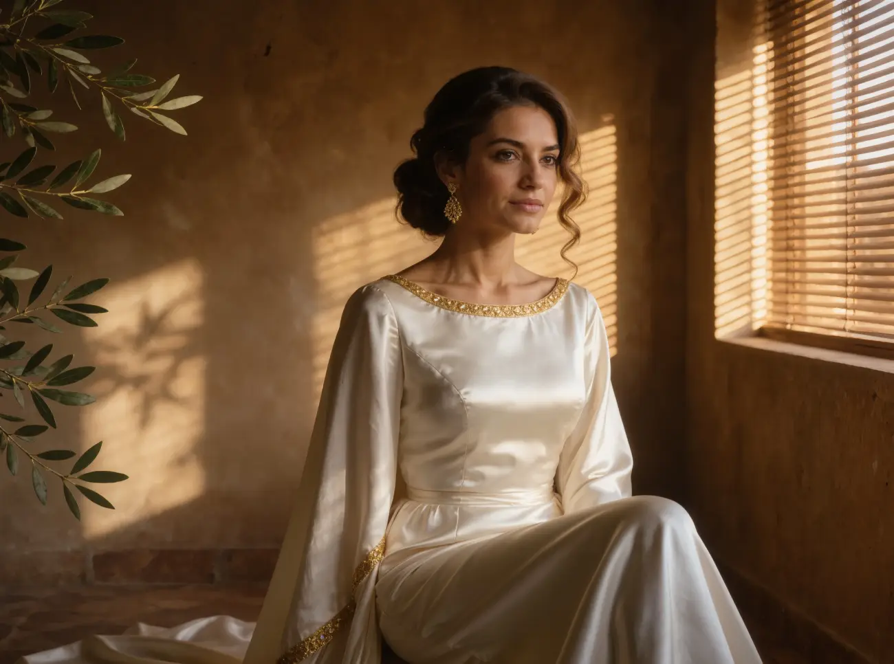Mariée au chignon bas, en robe de satin ivoire brodée d'or, assise dans une lumière dorée